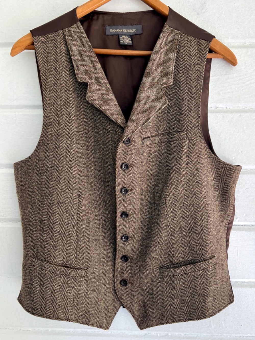 Vintage BANANA REPUBLIC 100% Wool Brown Herringbone Tweed Vest - M
